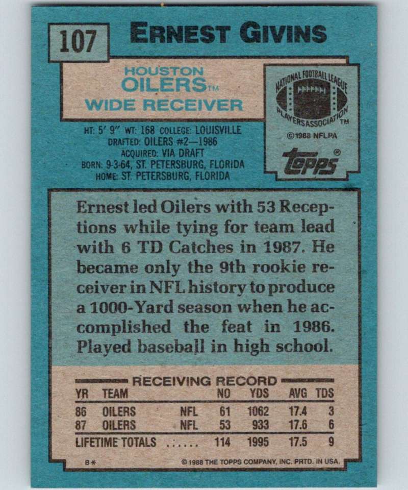 1988 Topps #107 Ernest Givins Oilers NFL Football Image 2