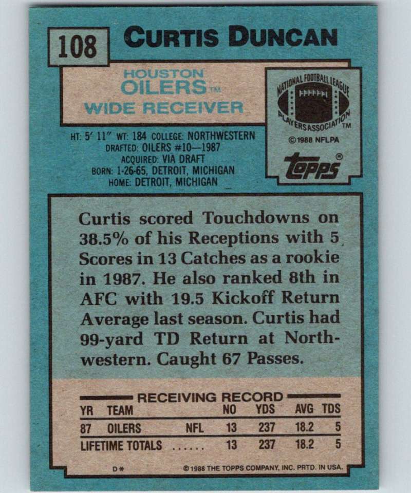 1988 Topps #108 Curtis Duncan RC Rookie Oilers NFL Football Image 2