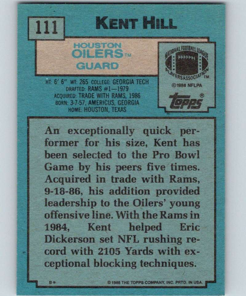 1988 Topps #111 Kent Hill Oilers NFL Football Image 2