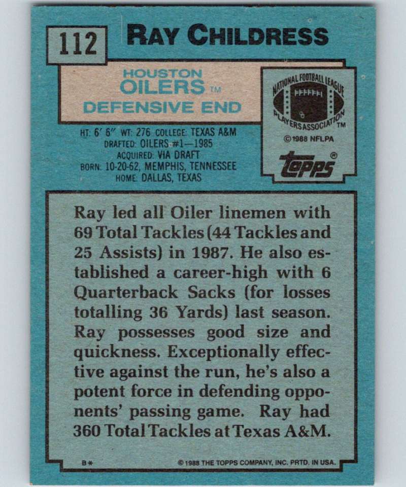 1988 Topps #112 Ray Childress Oilers NFL Football Image 2