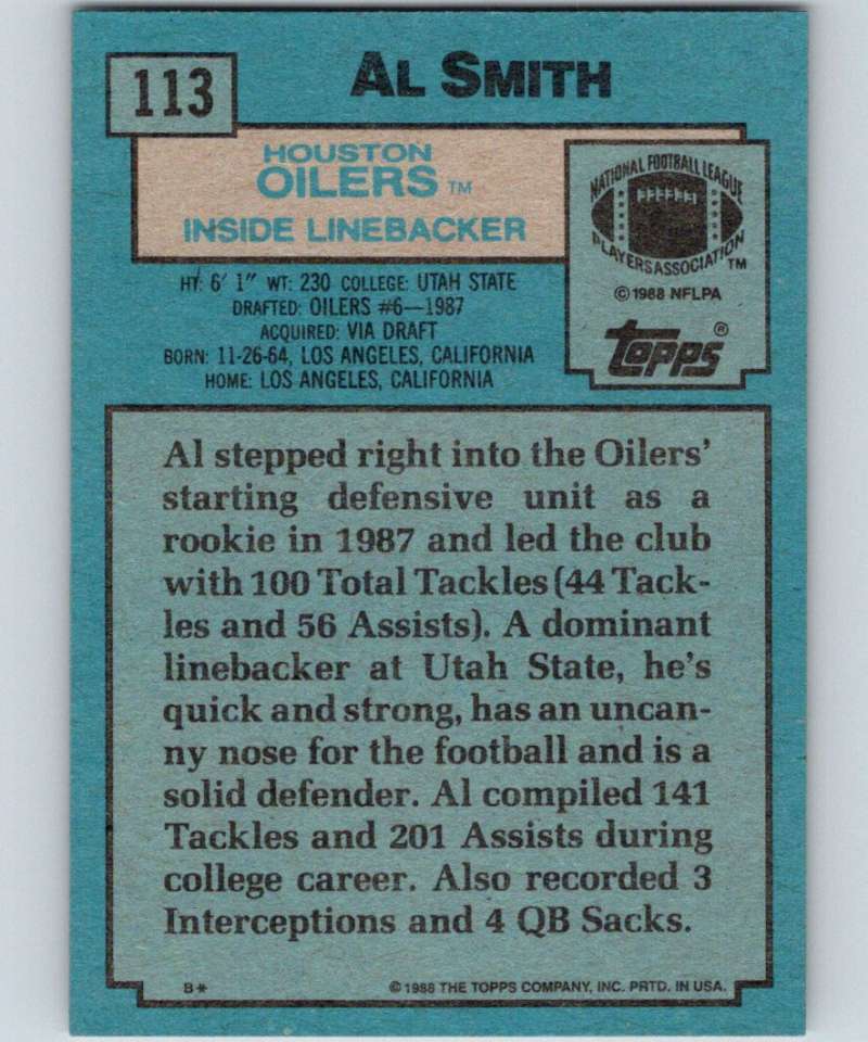 1988 Topps #113 Al Smith RC Rookie Oilers NFL Football Image 2