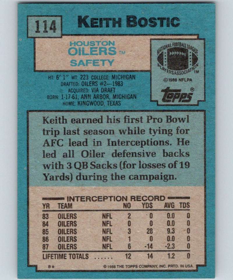 1988 Topps #114 Keith Bostic RC Rookie Oilers NFL Football