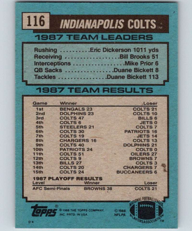 1988 Topps #116 Eric Dickerson Colts TL NFL Football Image 2