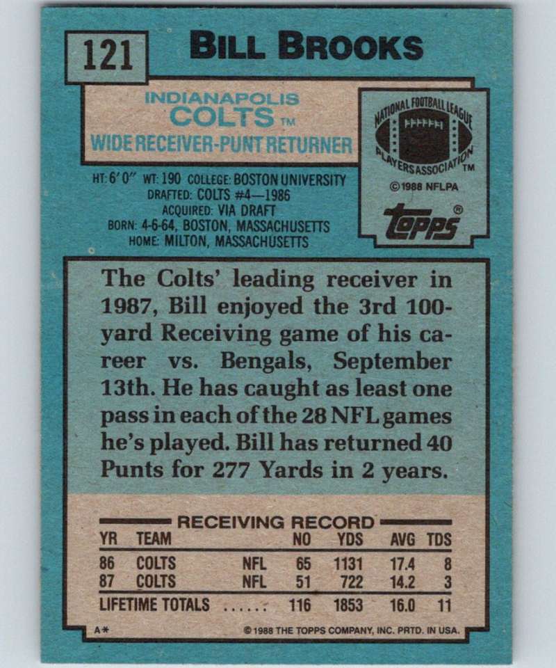 1988 Topps #121 Bill Brooks Colts NFL Football Image 2