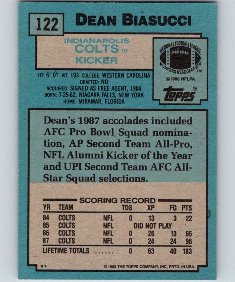 1988 Topps #122 Dean Biasucci RC Rookie Colts NFL Football Image 2