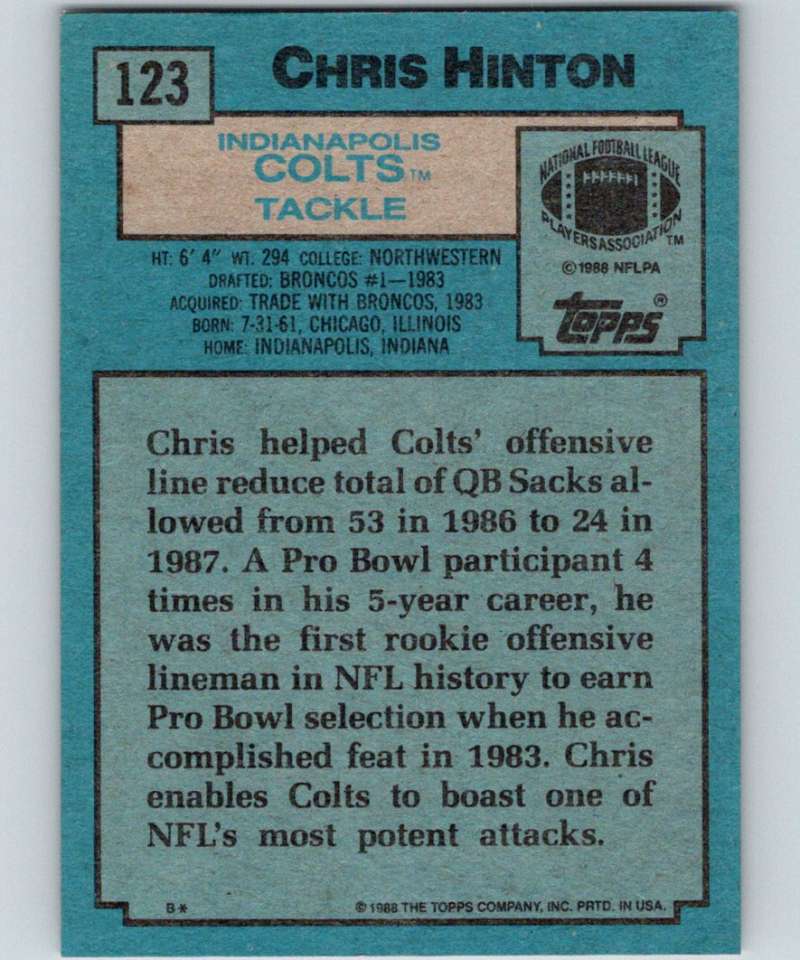 1988 Topps #123 Chris Hinton Colts NFL Football Image 2