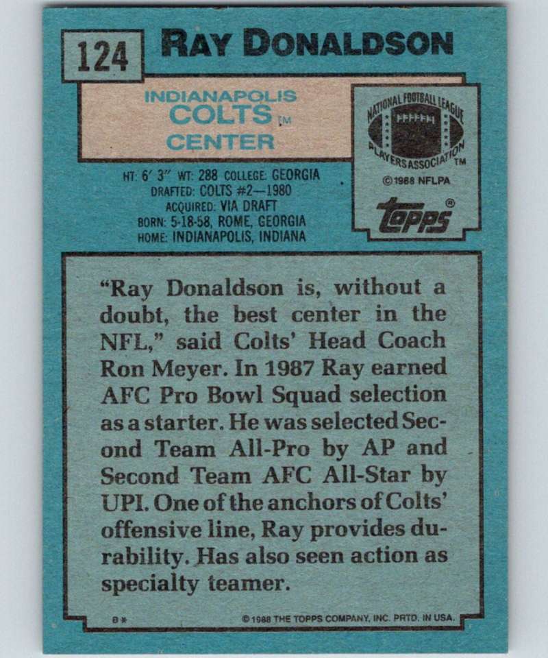 1988 Topps #124 Ray Donaldson Colts NFL Football Image 2