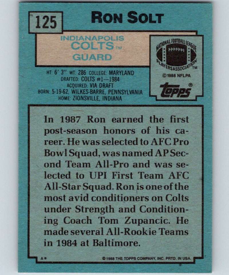 1988 Topps #125 Ron Solt RC Rookie Colts NFL Football Image 2
