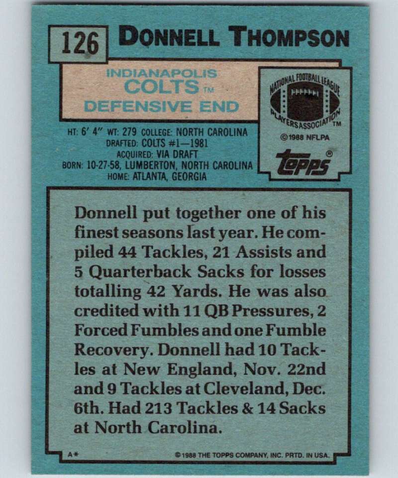 1988 Topps #126 Donnell Thompson Colts NFL Football Image 2