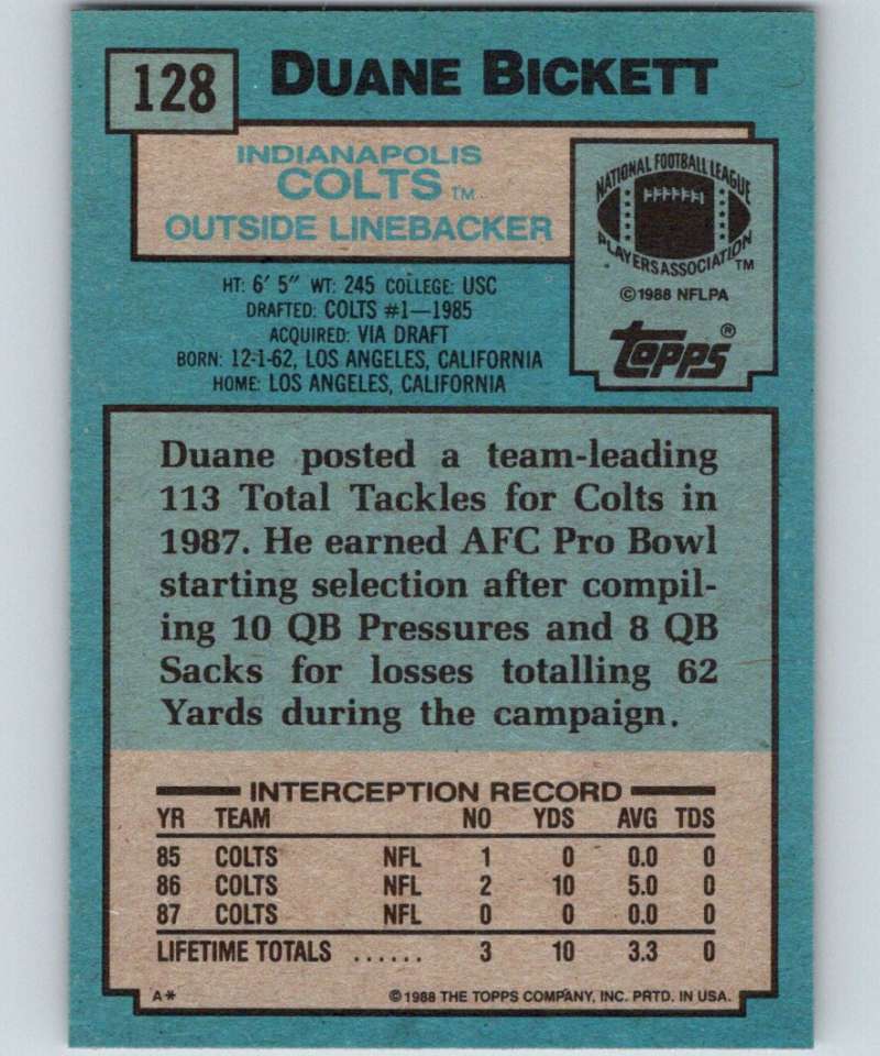 1988 Topps #128 Duane Bickett Colts NFL Football Image 2