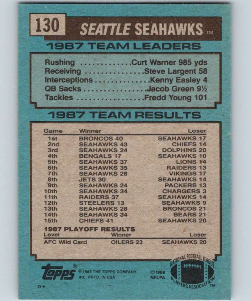1988 Topps #130 Curt Warner Seahawks TL NFL Football Image 2