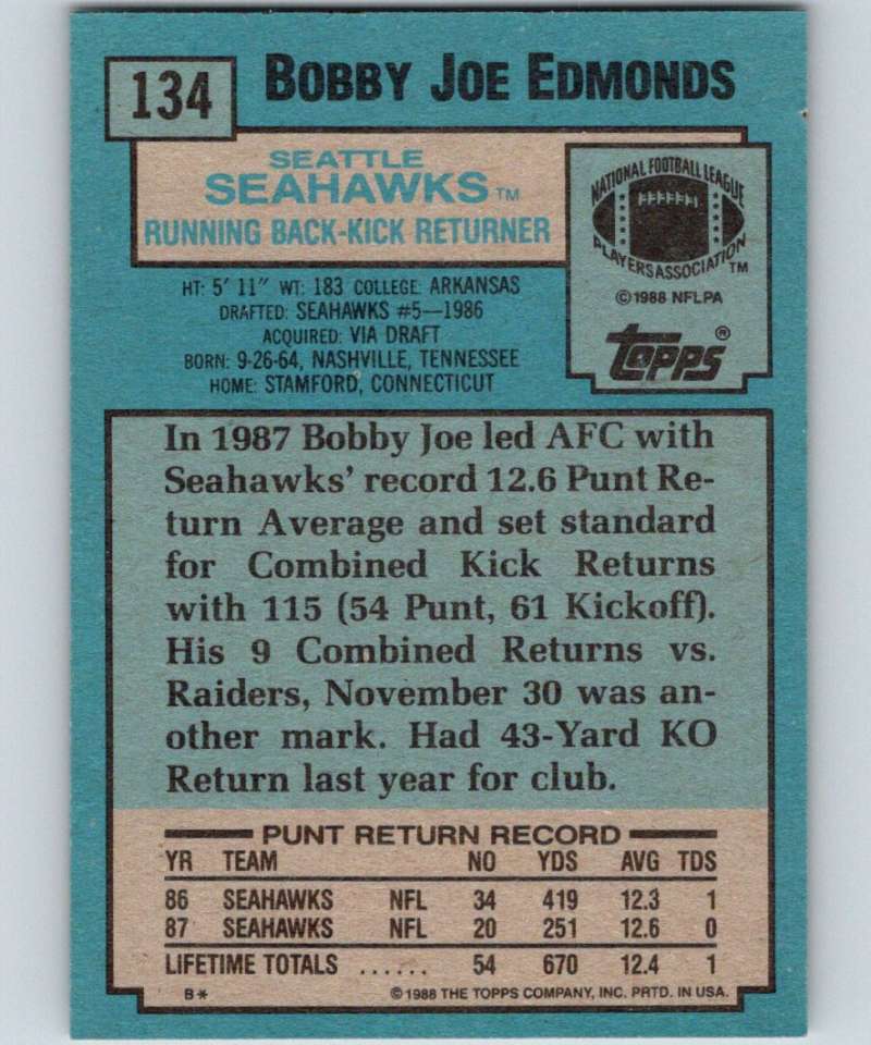 1988 Topps #134 Bobby Joe Edmonds Seahawks NFL Football