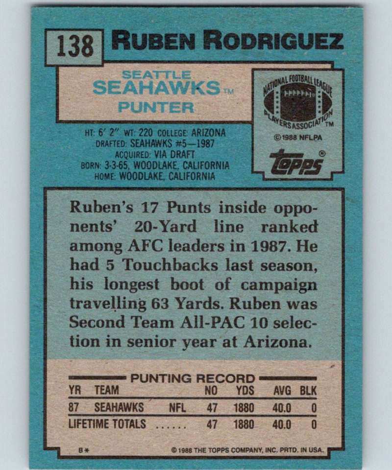 1988 Topps #138 Ruben Rodriguez Seahawks NFL Football Image 2