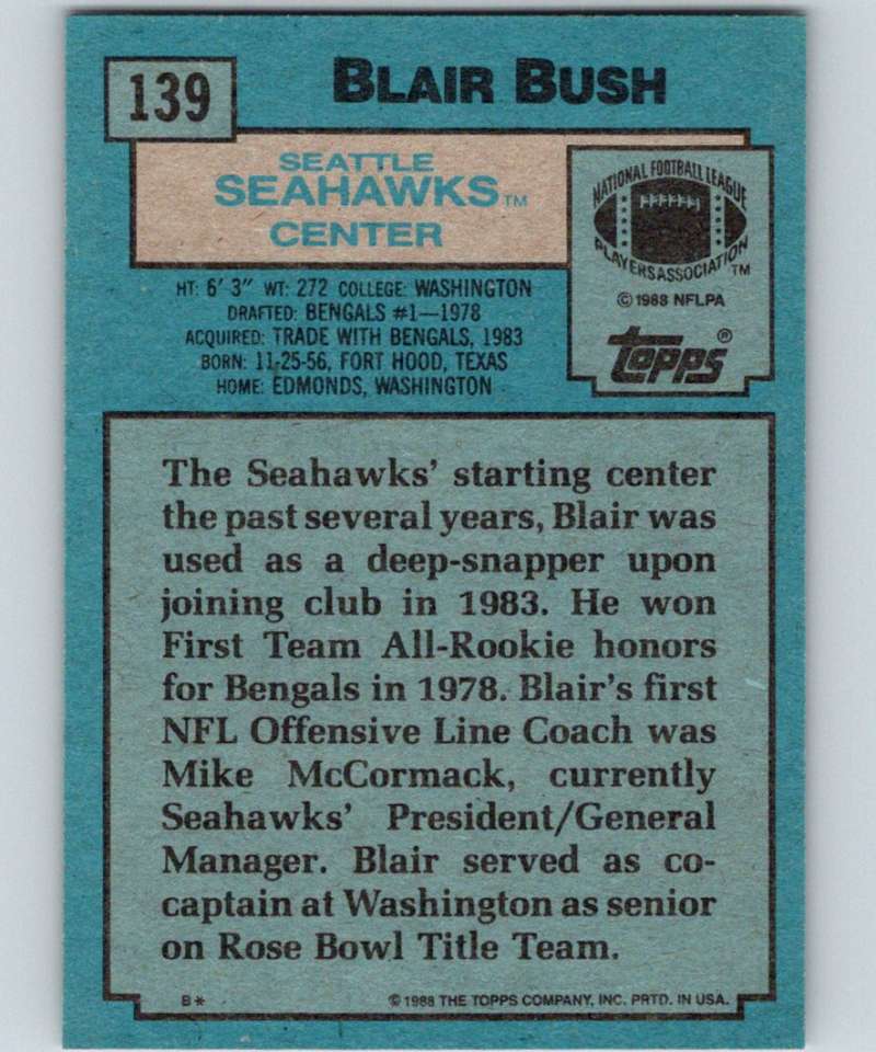 1988 Topps #139 Blair Bush Seahawks NFL Football Image 2