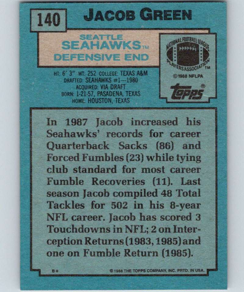 1988 Topps #140 Jacob Green Seahawks NFL Football Image 2