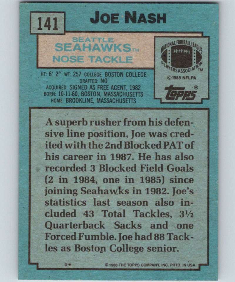 1988 Topps #141 Joe Nash Seahawks NFL Football Image 2