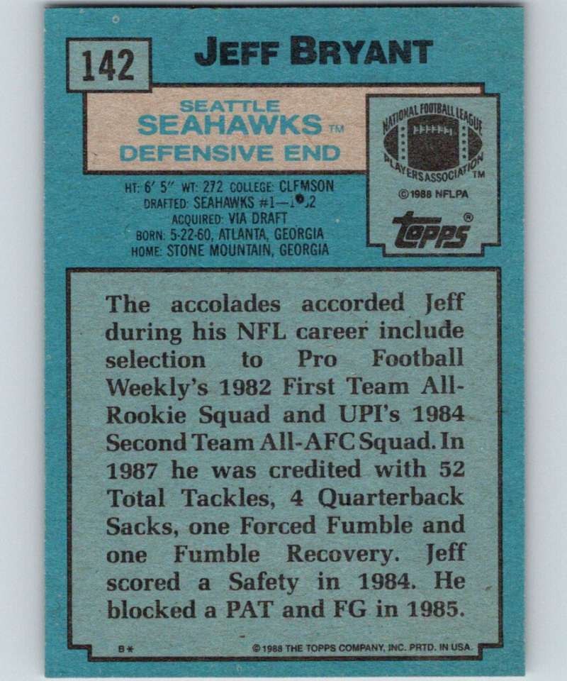 1988 Topps #142 Jeff Bryant Seahawks NFL Football Image 2