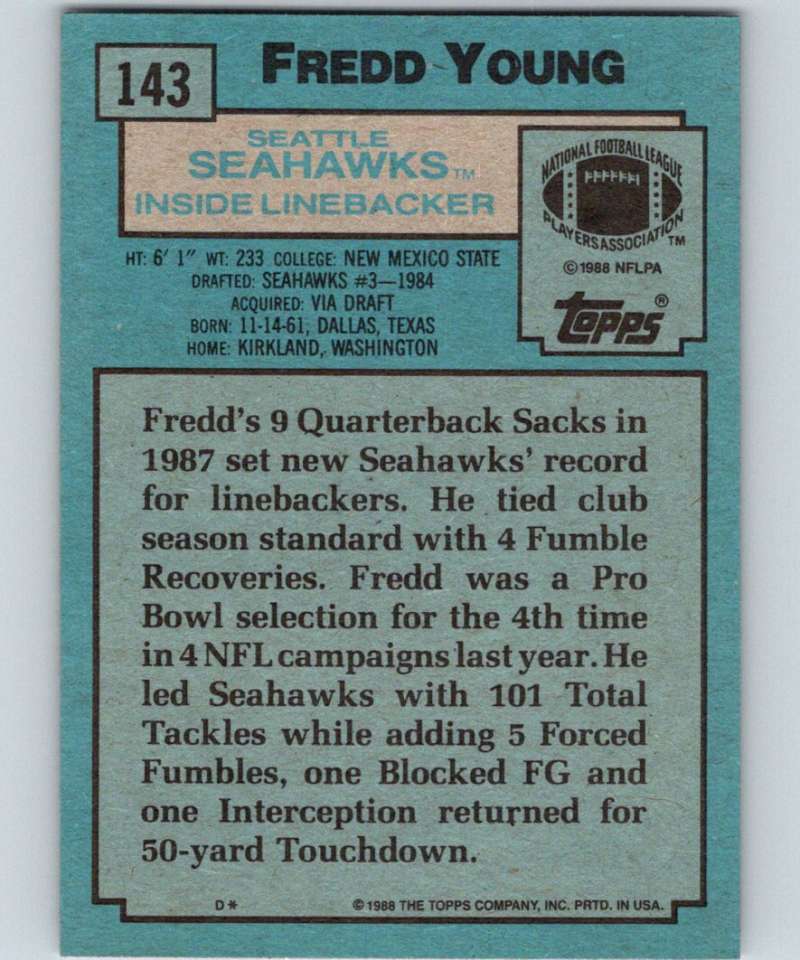 1988 Topps #143 Fredd Young Seahawks NFL Football Image 2