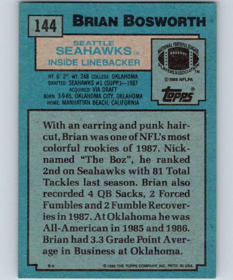 1988 Topps #144 Brian Bosworth RC Rookie Seahawks NFL Football