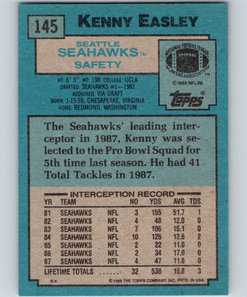 1988 Topps #145 Kenny Easley Seahawks NFL Football Image 2