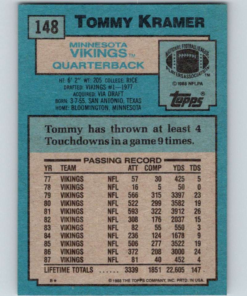 1988 Topps #148 Tommy Kramer Vikings NFL Football