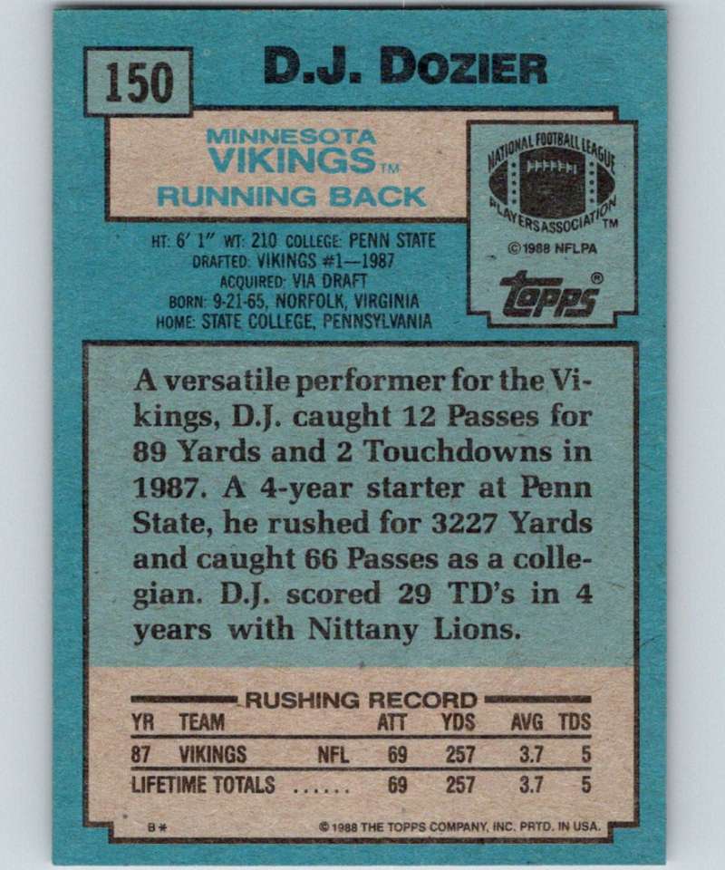 1988 Topps #150 D.J. Dozier RC Rookie Vikings NFL Football Image 2