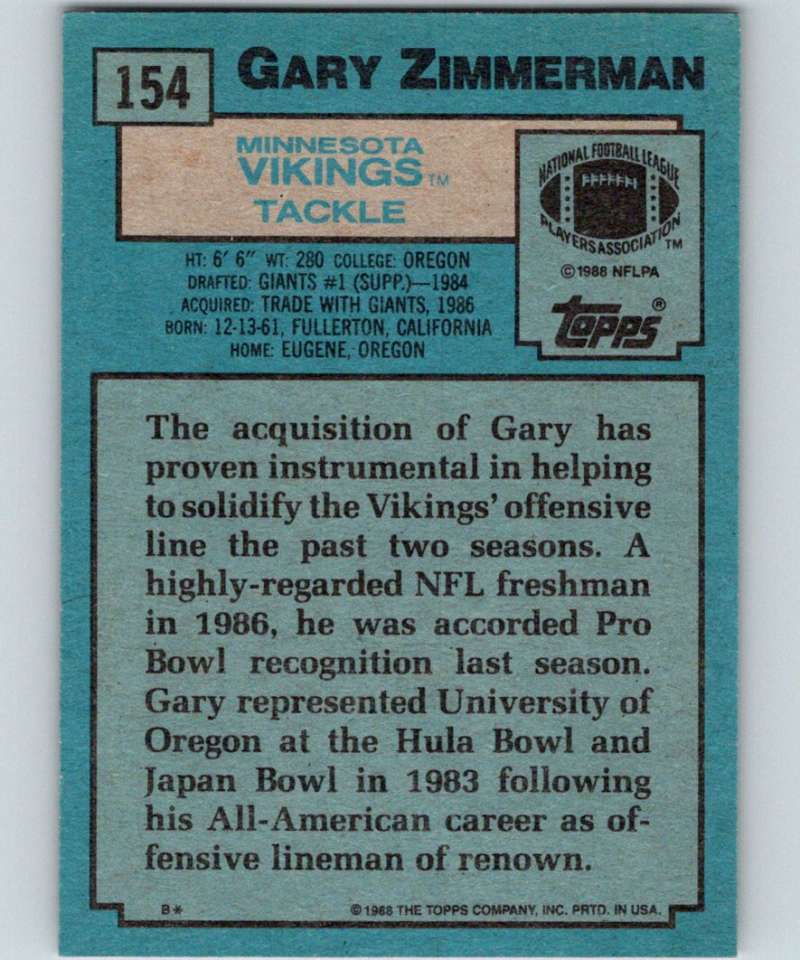 1988 Topps #154 Gary Zimmerman Vikings NFL Football Image 2