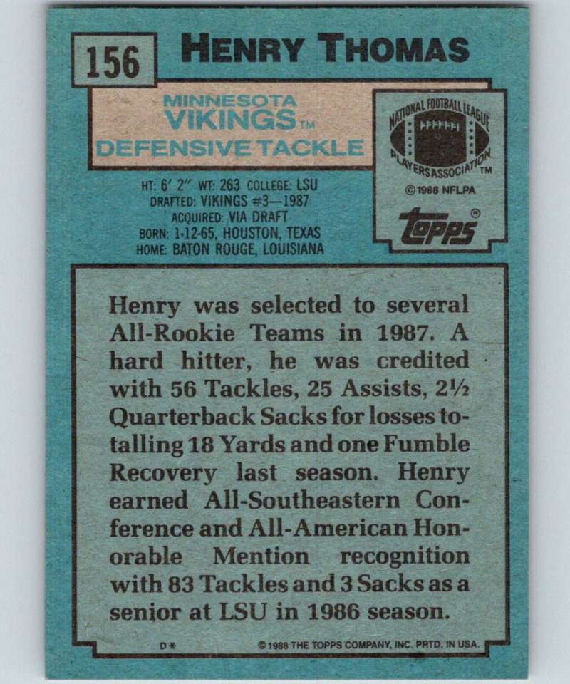 1988 Topps #156 Henry Thomas RC Rookie Vikings NFL Football Image 2