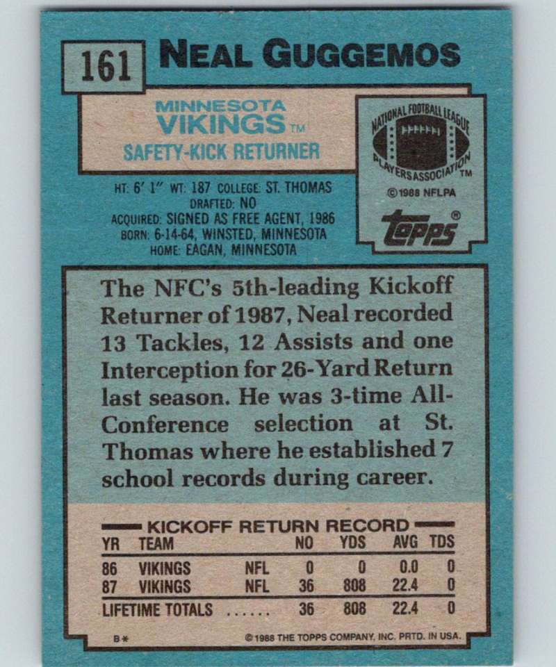 1988 Topps #161 Neal Guggemos Vikings NFL Football Image 2