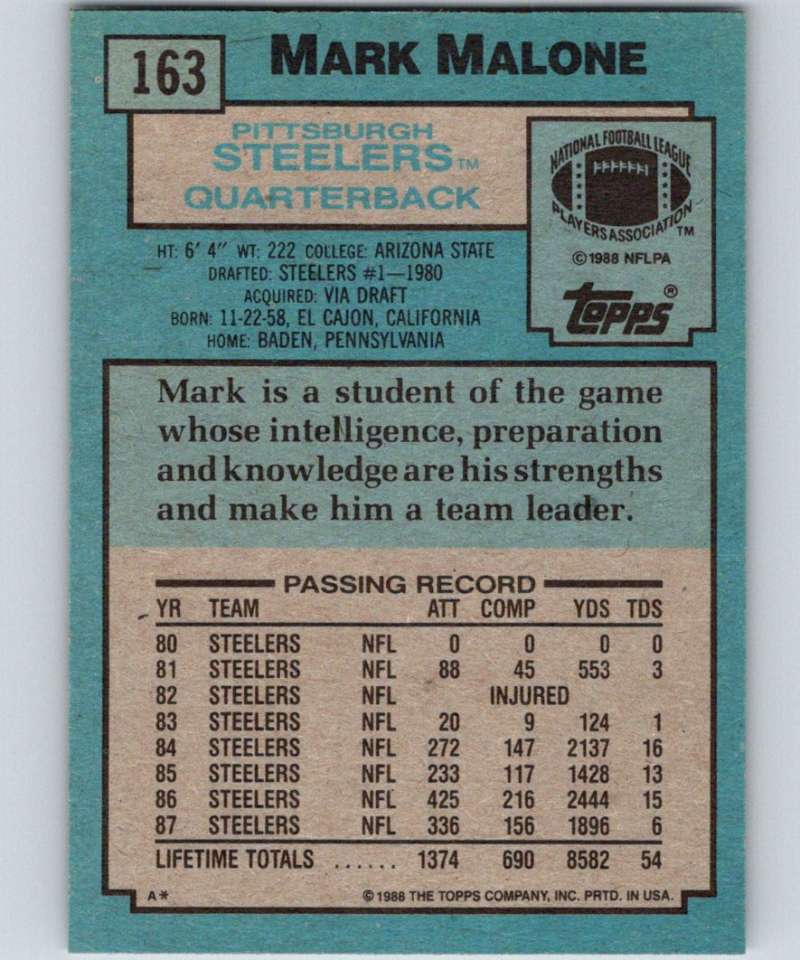 1988 Topps #163 Mark Malone Steelers NFL Football Image 2
