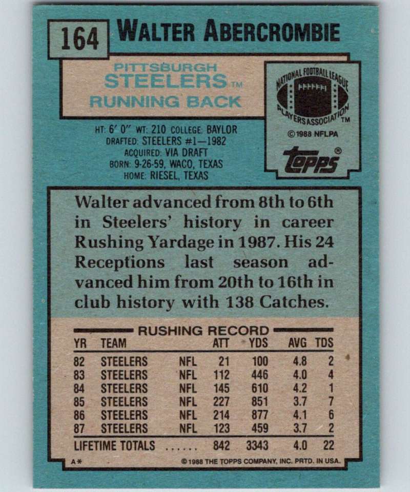 1988 Topps #164 Walter Abercrombie Steelers NFL Football Image 2