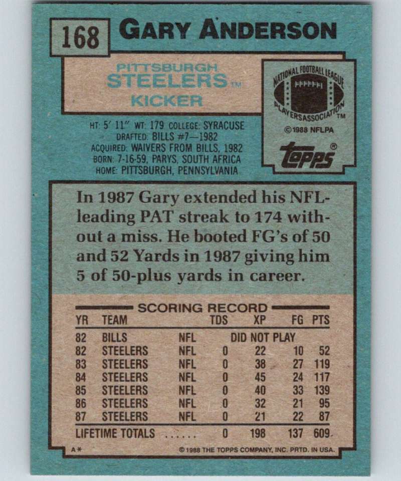 1988 Topps #168 Gary Anderson Steelers NFL Football Image 2