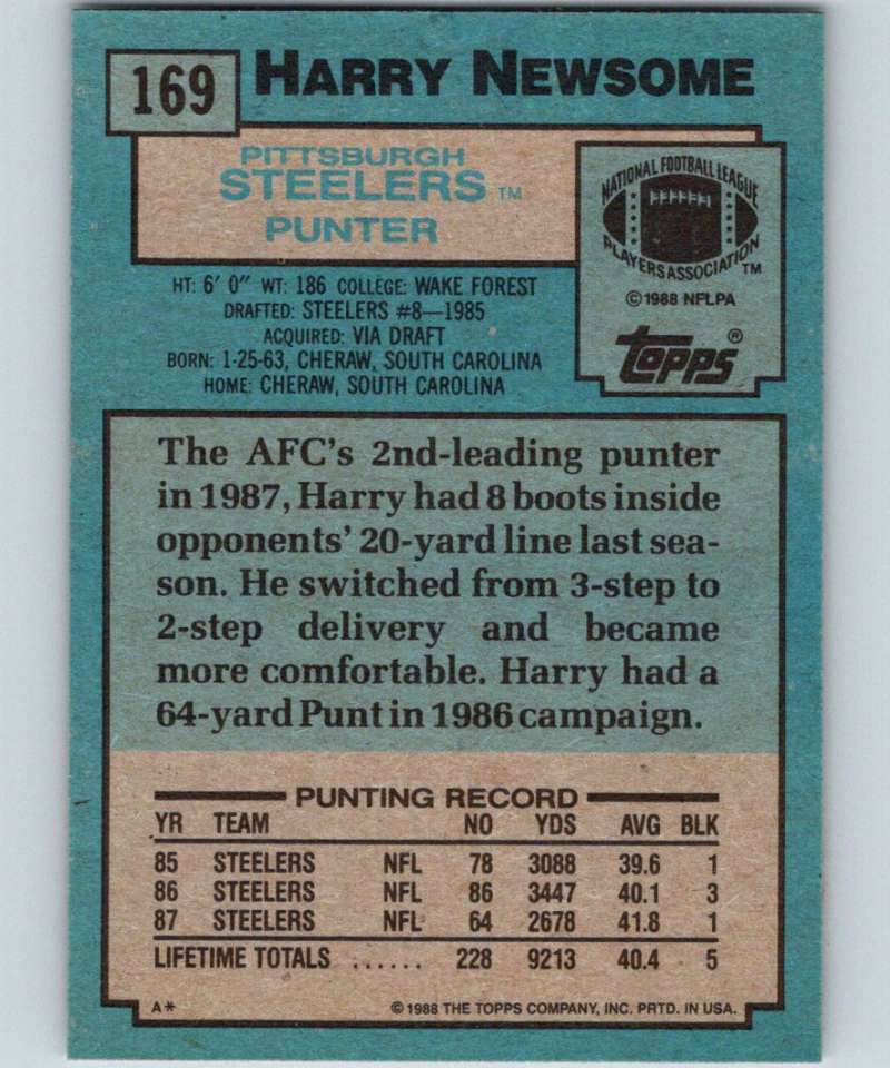 1988 Topps #169 Harry Newsome RC Rookie Steelers NFL Football