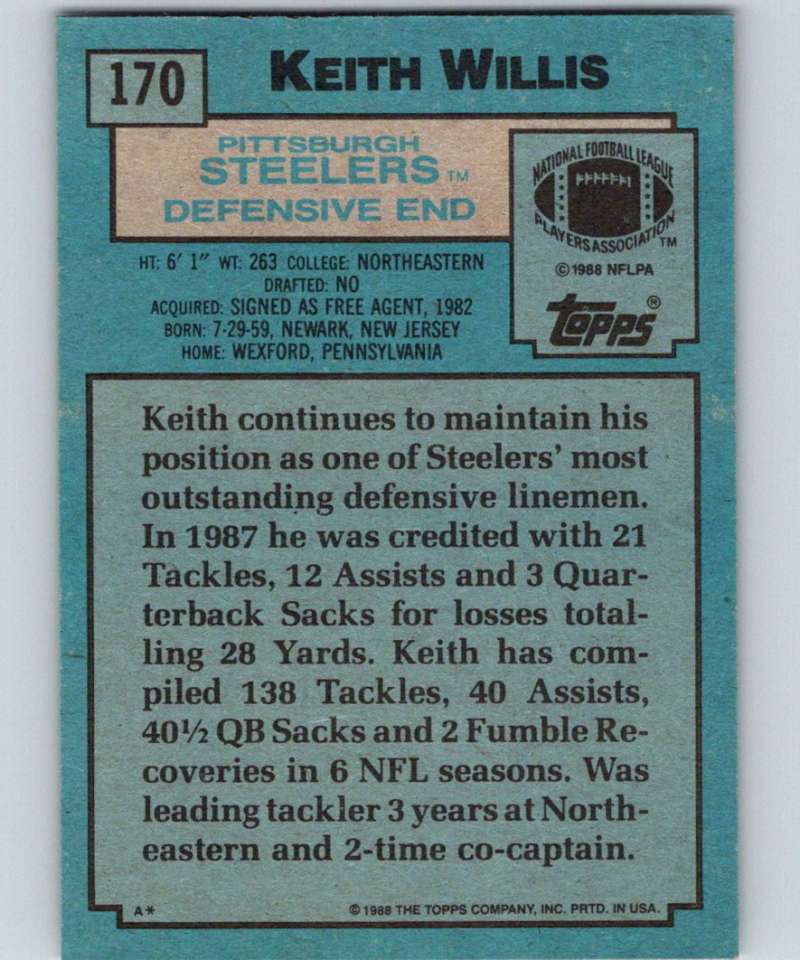 1988 Topps #170 Keith Willis Steelers NFL Football Image 2