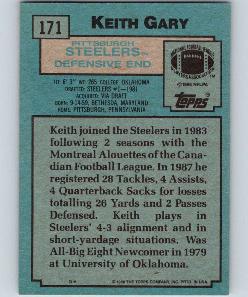 1988 Topps #171 Keith Gary Steelers NFL Football