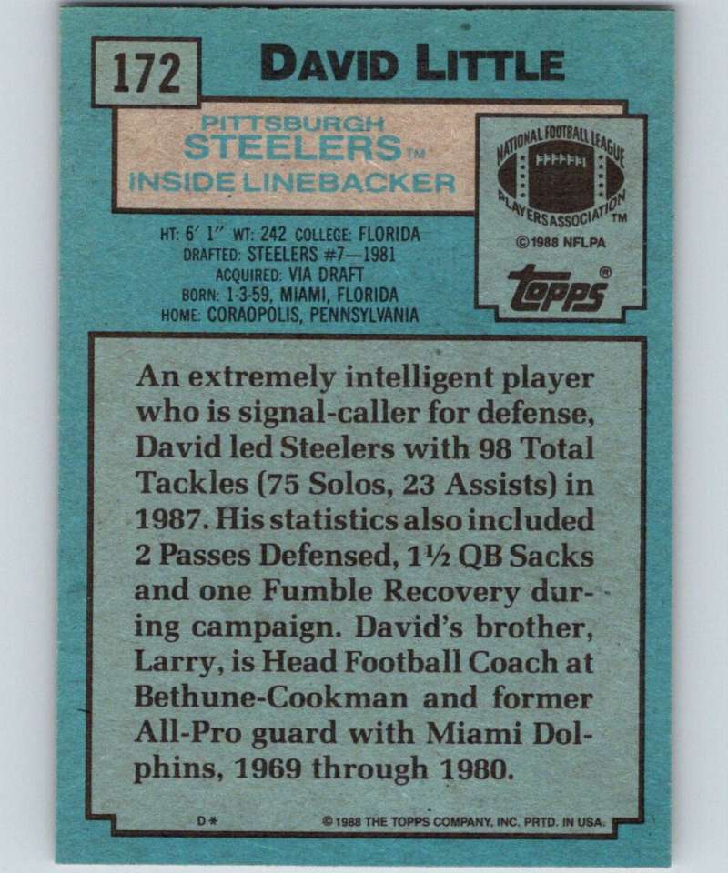 1988 Topps #172 David Little RC Rookie Steelers NFL Football