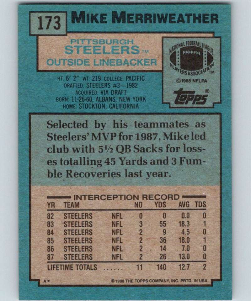 1988 Topps #173 Mike Merriweather Steelers NFL Football Image 2