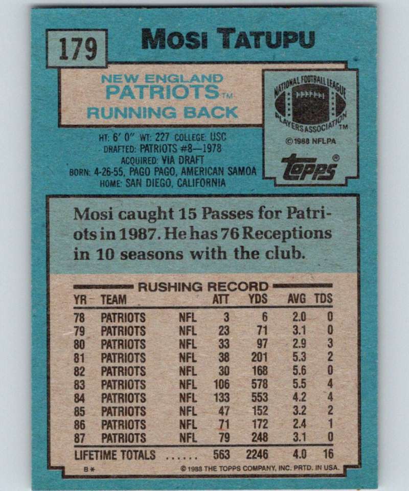 1988 Topps #179 Mosi Tatupu Patriots NFL Football Image 2