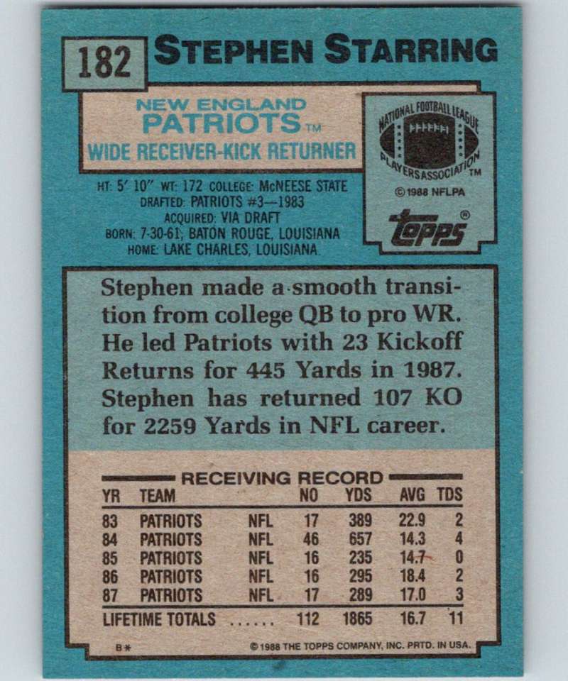 1988 Topps #182 Stephen Starring Patriots NFL Football Image 2