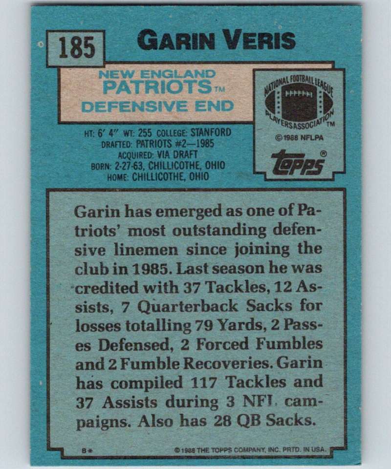 1988 Topps #185 Garin Veris Patriots NFL Football Image 2