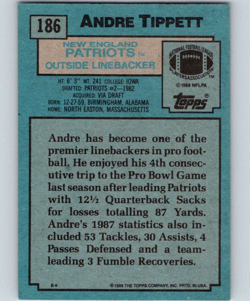 1988 Topps #186 Andre Tippett Patriots NFL Football Image 2
