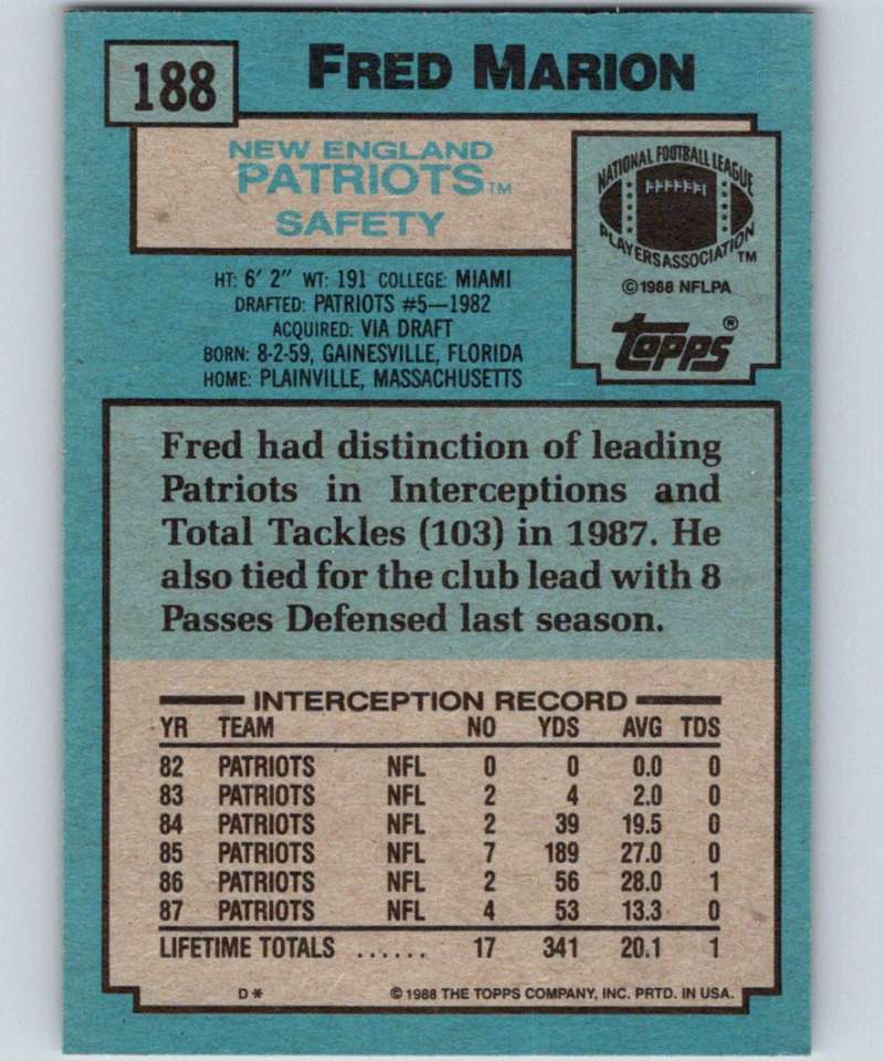 1988 Topps #188 Fred Marion Patriots NFL Football Image 2