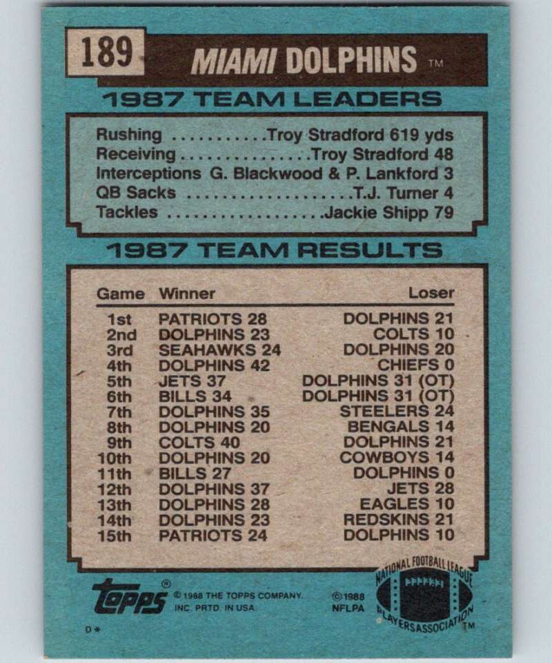 1988 Topps #189 Dan Marino Dolphins TL NFL Football Image 2
