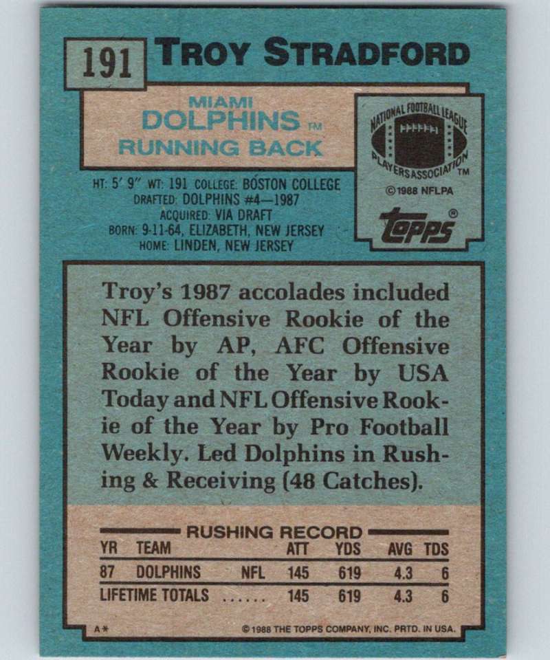 1988 Topps #191 Troy Stradford RC Rookie Dolphins NFL Football Image 2