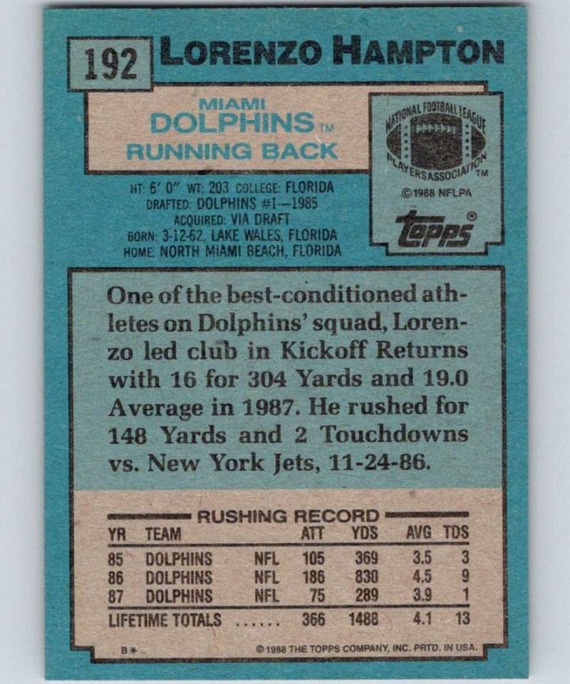 1988 Topps #192 Lorenzo Hampton Dolphins NFL Football Image 2