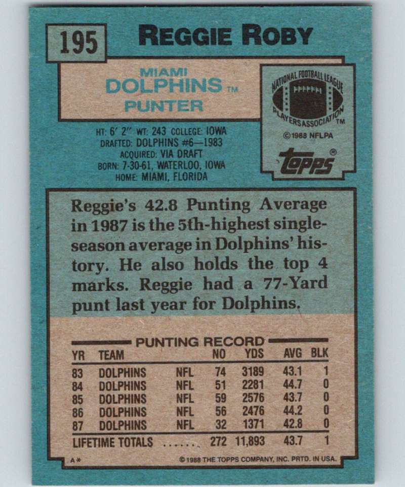 1988 Topps #195 Reggie Roby Dolphins NFL Football Image 2