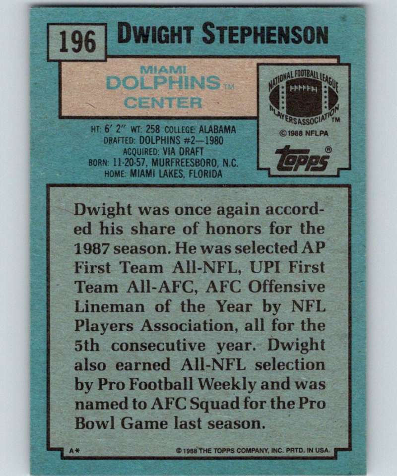 1988 Topps #196 Dwight Stephenson Dolphins NFL Football Image 2