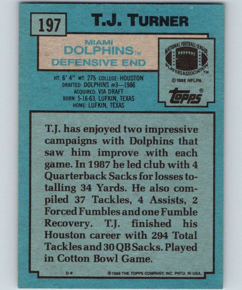 1988 Topps #197 T.J. Turner RC Rookie Dolphins NFL Football Image 2