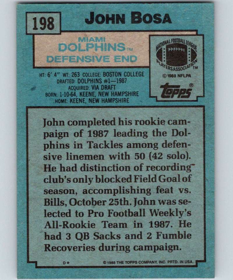 1988 Topps #198 John Bosa RC Rookie Dolphins NFL Football Image 2