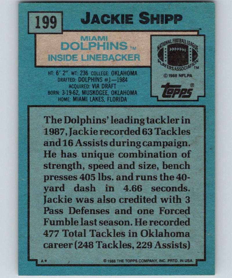 1988 Topps #199 Jackie Shipp Dolphins NFL Football Image 2